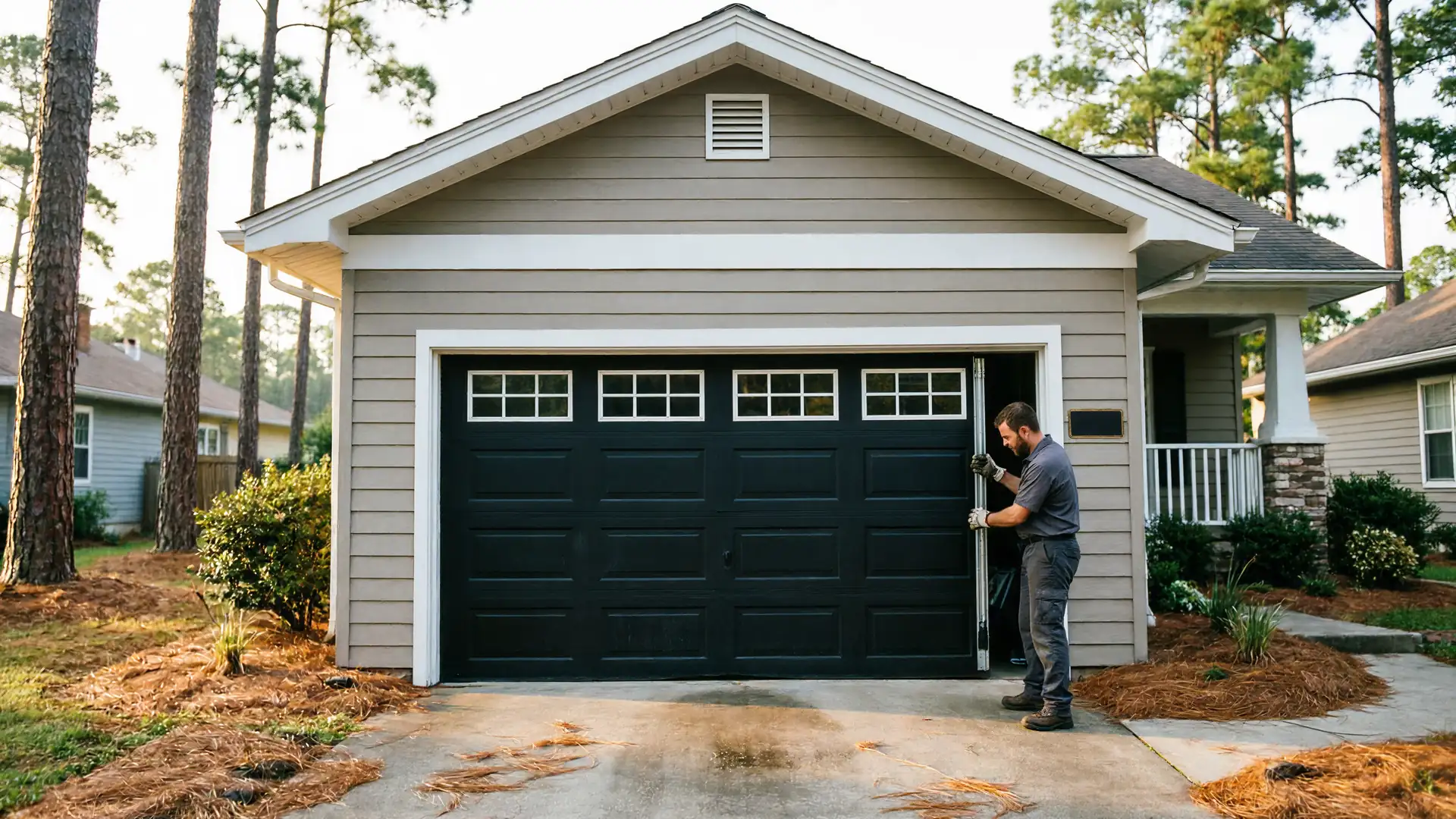 A technician works on a black garage door with windows on a gray house.