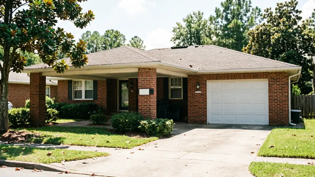 The house has a white garage door, a brick exterior, and a covered entryway.