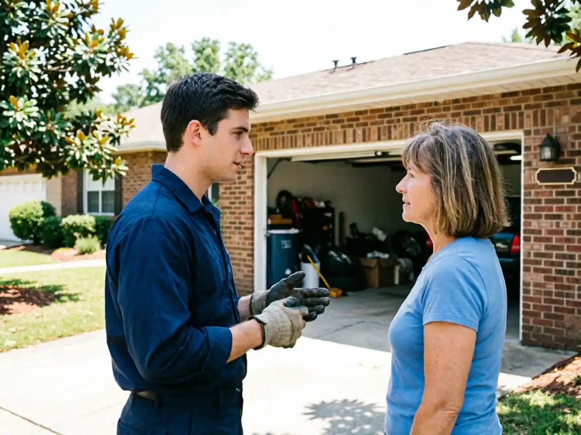 A technician in work gloves talks to a woman in front of an open garage.