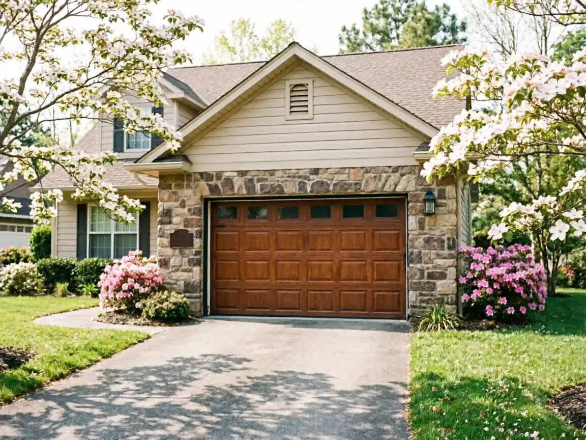 A brown garage door on a stone and siding house with blooming trees and bushes.