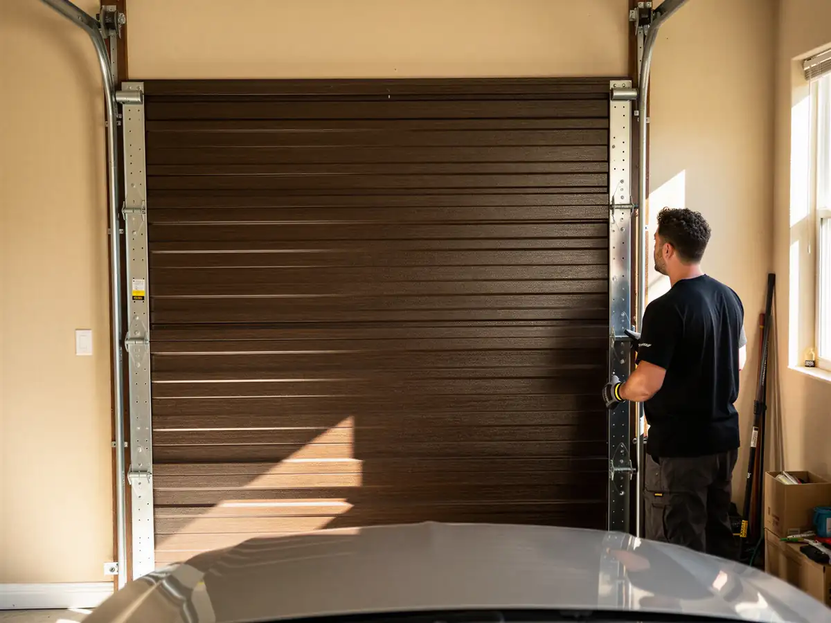 A technician stands next to a closed brown garage door.