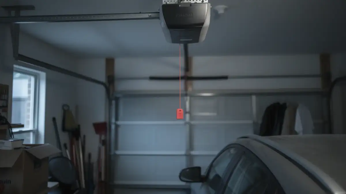 A garage door opener hangs from the ceiling with a red emergency release cord.