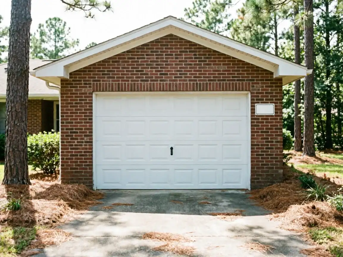 A white garage door on a brick house with pine trees and a driveway.